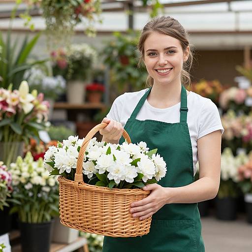 Photograph of a smiling young woman with brown hair in a white shirt and green apron, holding a wicker basket of white chrysanthem