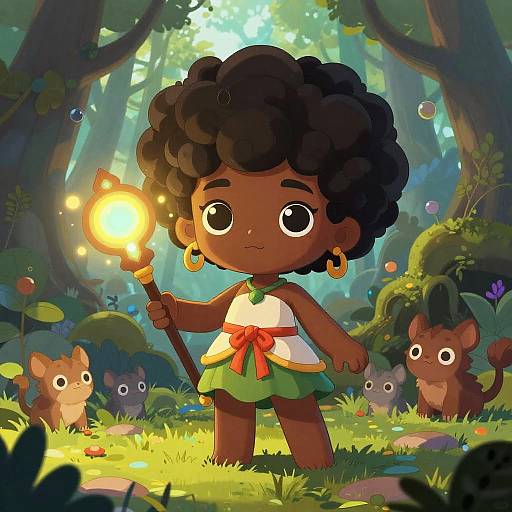 Cartoon-style illustration of a dark-skinned, curly-haired child with large eyes, holding a glowing torch, wearing a green and white dress, surrounded
