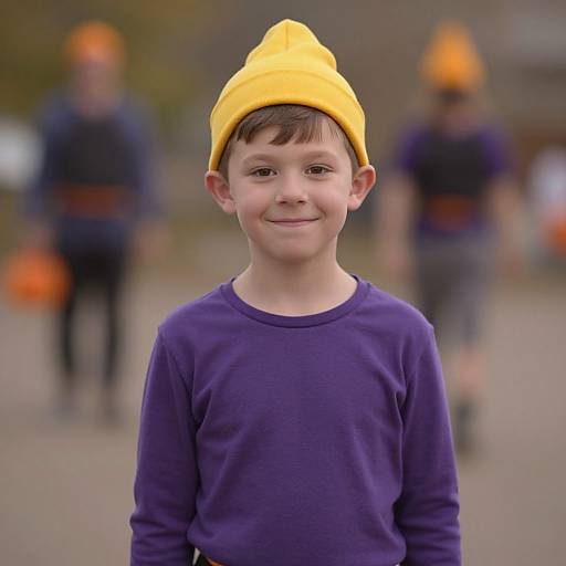 Photograph of a smiling young boy in a yellow beanie and purple shirt, with blurred adults in the background wearing similar hats.