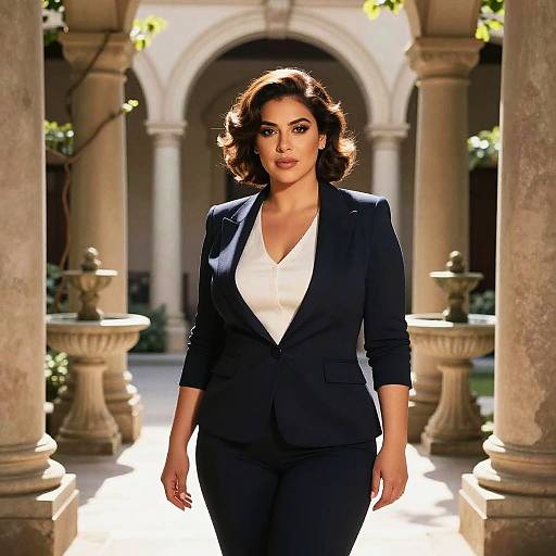 Photograph of a confident, dark-haired woman in a black blazer and white blouse, standing in a sunlit, classical courtyard with stone columns and