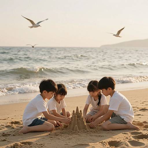 AI-Enhanced Children Playing Beach Scene