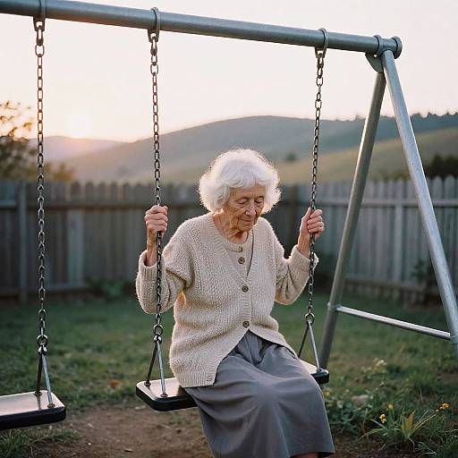 Photograph of elderly white woman with curly white hair, wearing beige knit sweater and gray skirt, sitting on swing in backyard. Sunset in background.