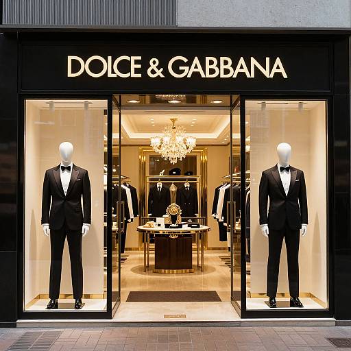 Photograph of a Dolce & Gabbana store with two white mannequins in black tuxedos, illuminated interior, chandelier