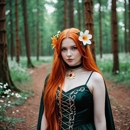 Redhead Woman in Green Dress with Flowers in Forest