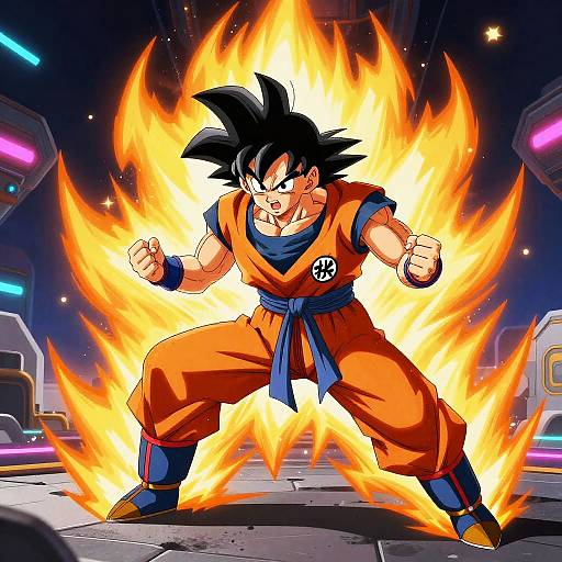 Digital artwork of Super Saiyan Goku, mid-fight, surrounded by bright orange flames, wearing orange gi, blue belt, and wristbands, in
