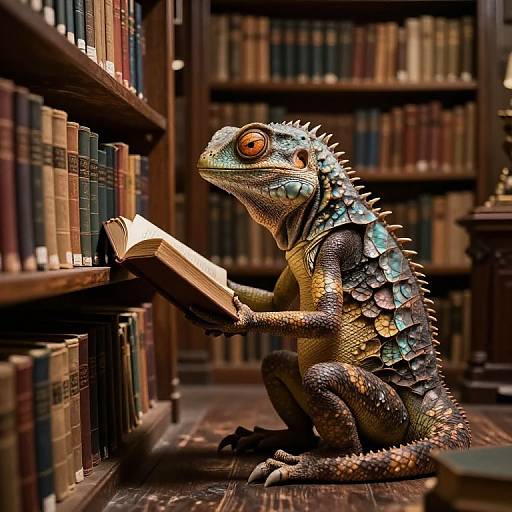 Reptilian Creature Studying in Ancient Library