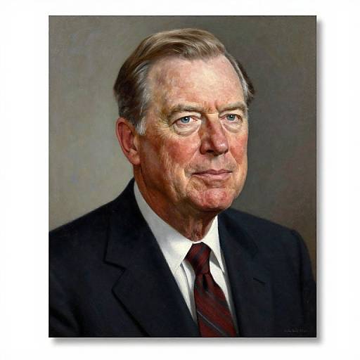 Photograph of an elderly white man with short gray hair, wearing a black suit, white shirt, and red tie, against a gray background.