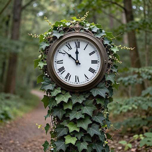 Photograph of a vintage clock with black Roman numerals, surrounded by green ivy, in a forested path setting.