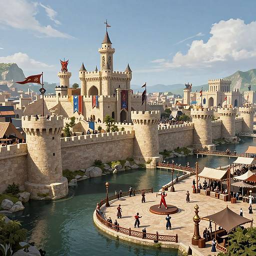 Photograph of a sunlit, detailed medieval castle with multiple towers, flags, and a central courtyard surrounded by a turquoise moat, with visitors st
