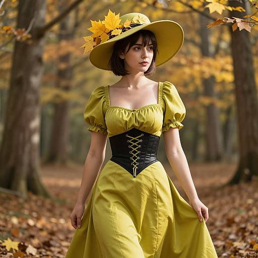 Digital art of a young woman in a yellow dress with black corset, sunhat adorned with flowers, standing in an autumn forest.