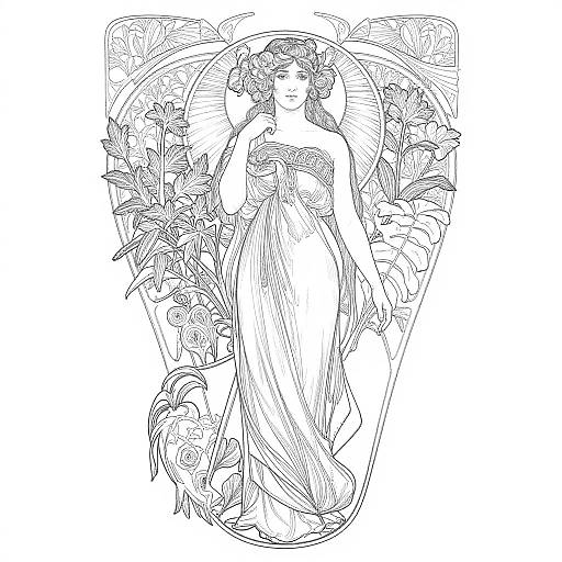 Black-and-white line drawing of a serene, classical-style woman in a flowing gown, adorned with flowers, standing against a floral arch. Art Nouveau