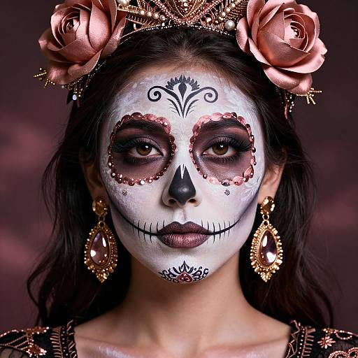 Photograph of a woman with white face paint, black heart-shaped nose, and rose-adorned headpiece, wearing gold earrings, against a dark