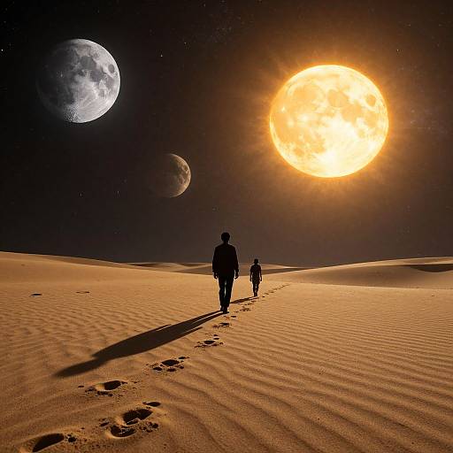 Silhouetted figures walking in a desert under a glowing yellow sun, large moon, and smaller moon; footprints trail behind. Photorealistic