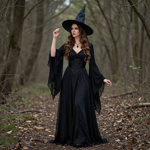 Photograph of a woman in a black, Victorian-style witch dress with lace sleeves and a pointed hat, standing in a forest path with bare trees and