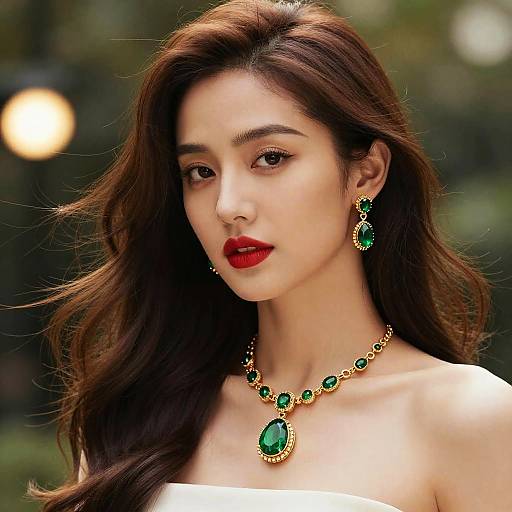 Photograph of an Asian woman with long brown hair, red lipstick, green gemstone earrings, and necklace, wearing a strapless white top, against