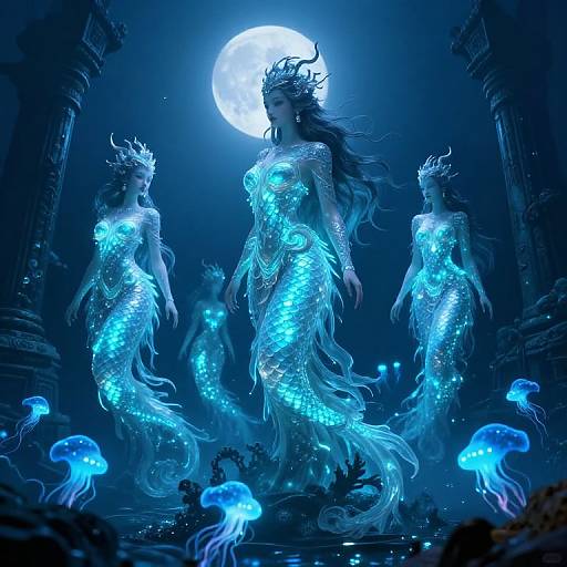 Digital art of three glowing, blue mermaids with fish-like scales and flowing hair, under a full moon, surrounded by jellyfish, in a mystical