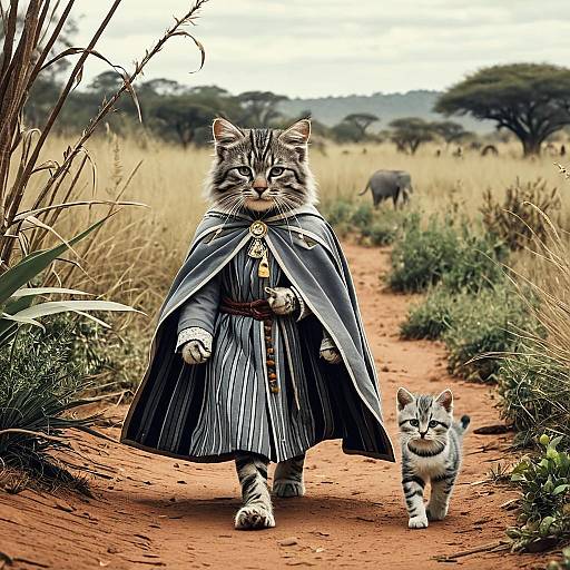 Brave Cat Wanderer and Kitten in Savanna