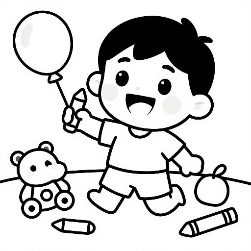 Black-and-white cartoon drawing of a smiling boy with short black hair, holding a balloon, sitting on a teddy bear, with a crayon on