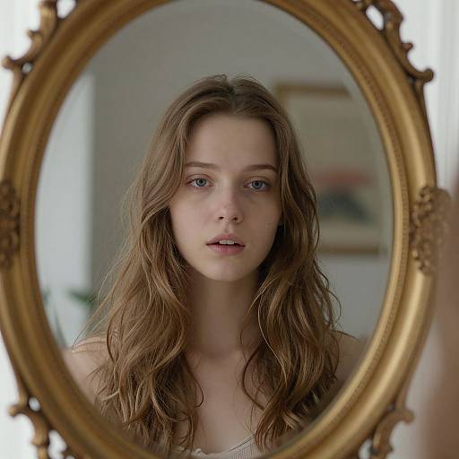 Photograph of a young woman with wavy brown hair, blue eyes, and fair skin, reflected in an ornate, oval gold mirror.