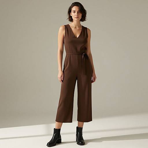 Photograph of a young woman with short black hair, wearing a brown sleeveless V-neck jumpsuit and black ankle boots, standing against a plain light