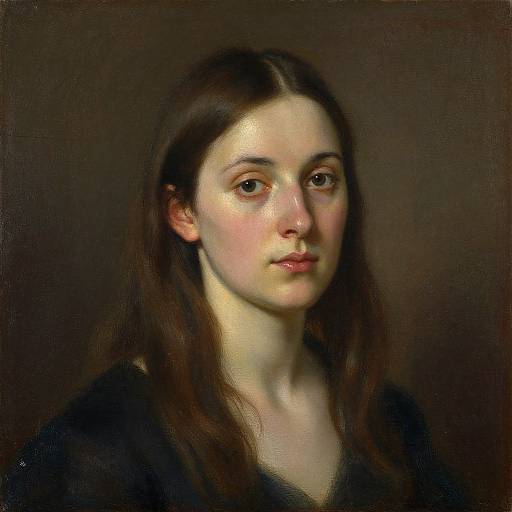 Photorealistic digital painting of a young woman with fair skin, long brown hair, and brown eyes, wearing a black top, against a dark brown