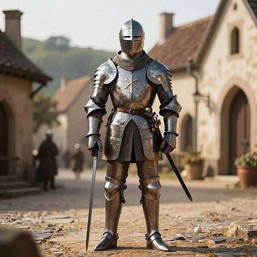 Photograph of a medieval knight in shiny silver armor with a helmet, standing on a cobblestone street, holding a sword, with blurred villagers and