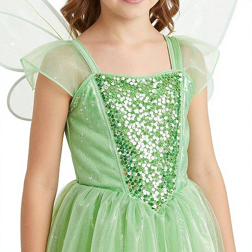 Photograph of a young girl in a green, sequined fairy dress with sheer, sparkly sleeves and delicate green wings, slightly smiling.