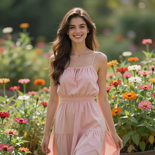 Young Woman in Pink Sundress in Flower Garden