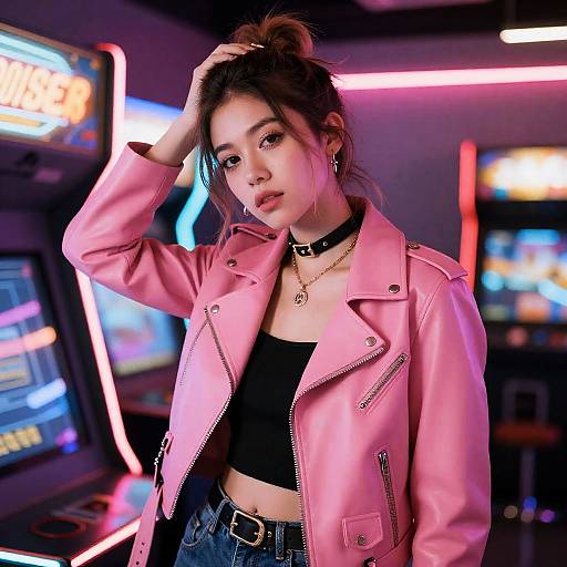 Retro Punk Girl in Neon Arcade