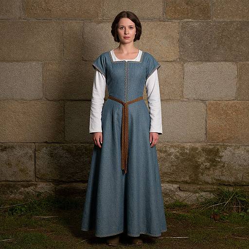 Photograph of a young woman with short brown hair, wearing a blue medieval-style dress with white sleeves and brown belt, standing against a stone wall.