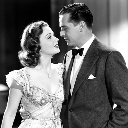 Black-and-white photograph of a 1940s-style couple dancing; the woman in a lace dress, the man in a tuxedo, g