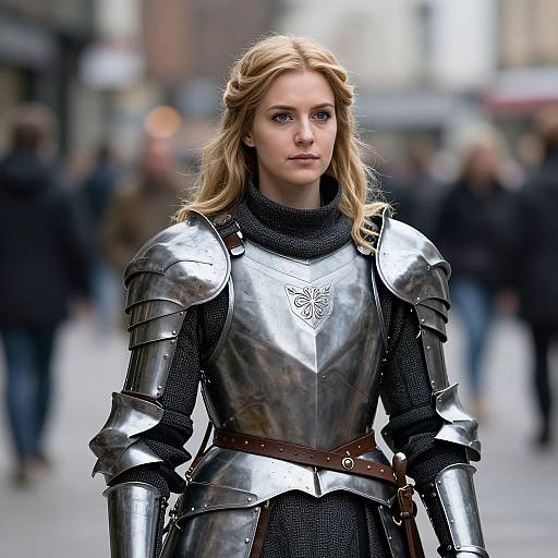 Photograph-style CGI of a blonde woman in silver medieval armor with a black turtleneck, standing in a blurred urban street.