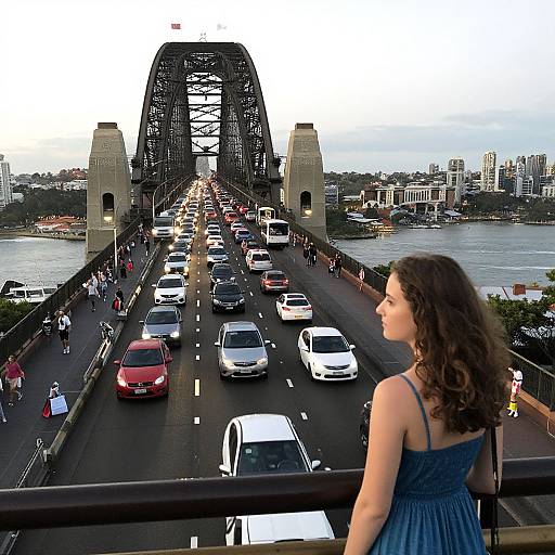 Photograph of a woman with curly brown hair in a blue dress, standing on a bridge overlooking heavy traffic on Sydney Harbour Bridge, with city skyline and