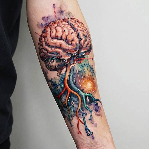 Vivid tattoo of a brain with colorful, branching veins and a glowing orange orb, on a pale forearm. Intricate, surreal style. Photoreal