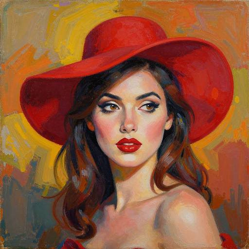Digital painting of a fair-skinned woman with red lipstick, brown eyes, and wavy brown hair, wearing a large red hat, against a vibrant