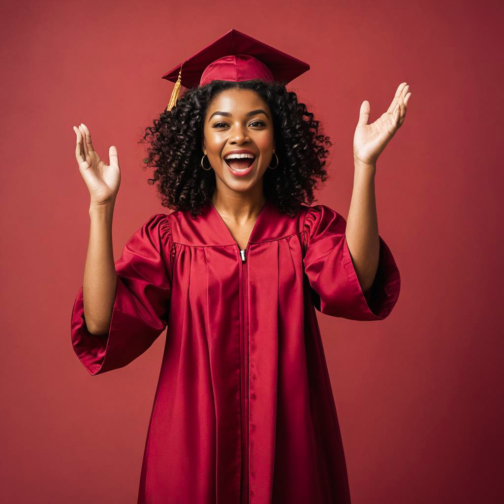 Joyful Graduate Portrait in Crimson Studio