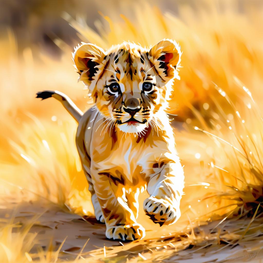 Impressionist Lion Cub in Golden Savanna