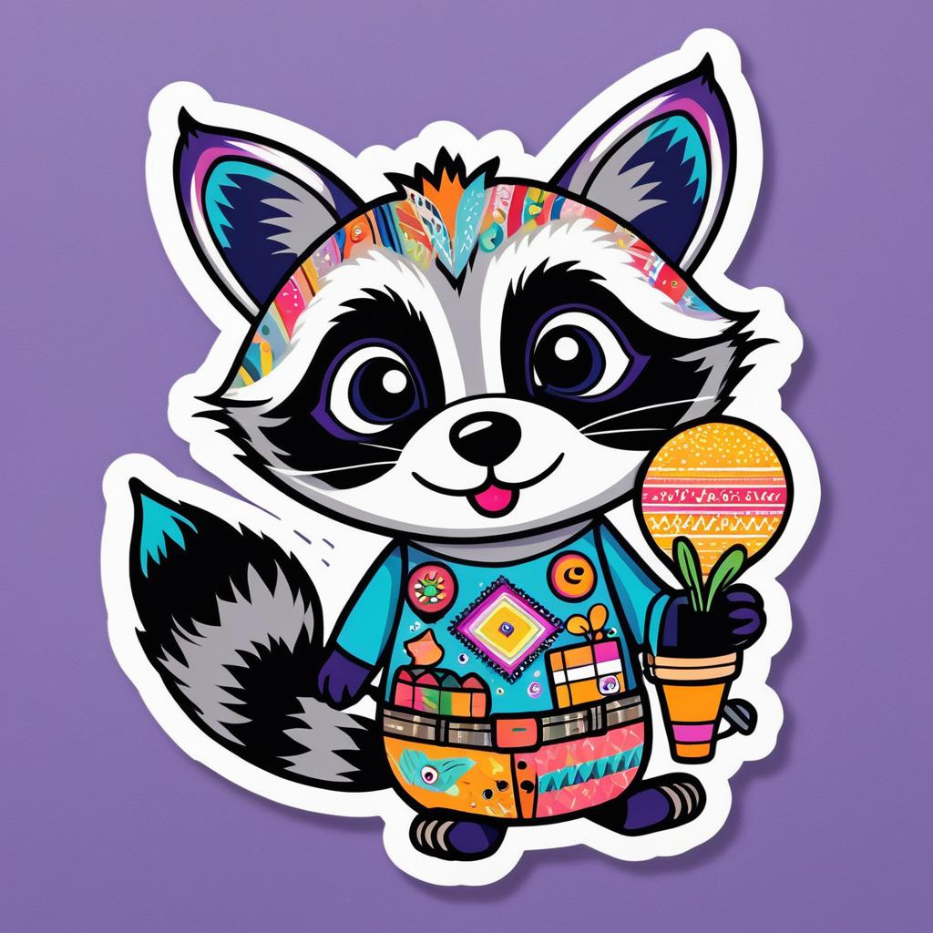 Whimsical Raccoon in Colorful Stickers