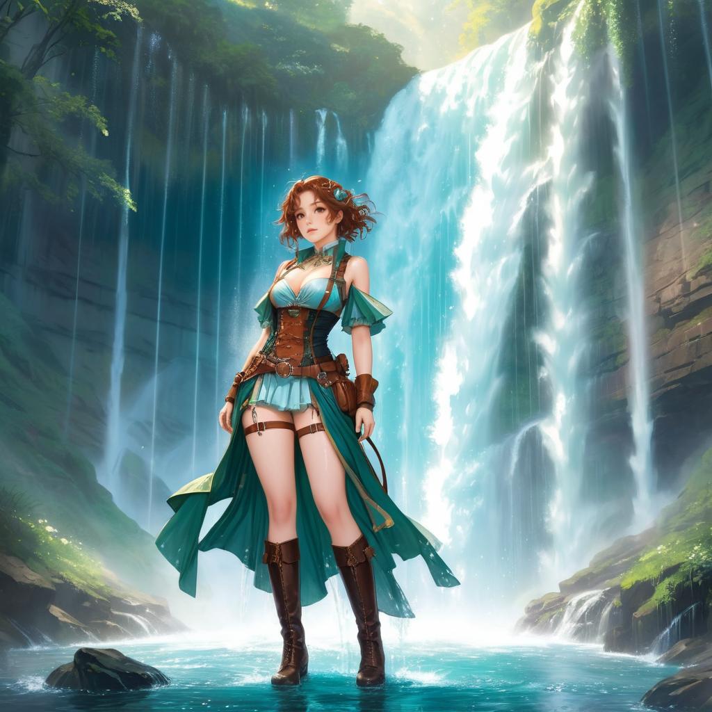 Ethereal Steampunk Aviatrix Under Waterfall