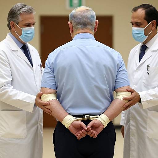 Photograph: Three male doctors in white coats, blue masks, and light blue shirts, bind an older man's wrists with beige bandages, standing