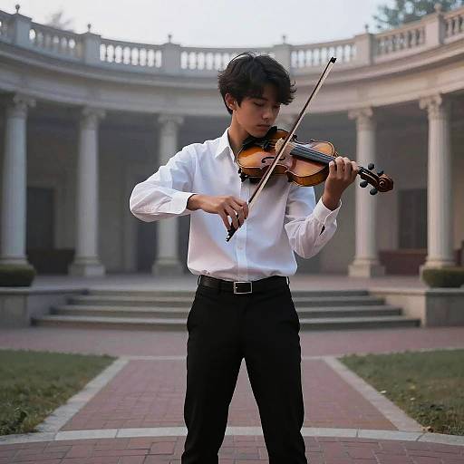 Young Violinist in Misty Amphitheater