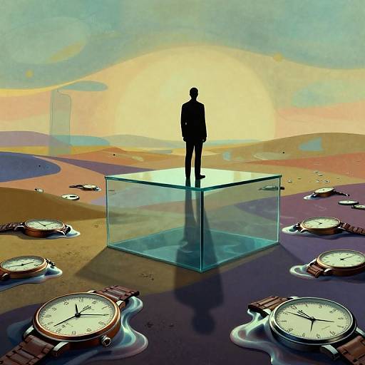 Digital art: Silhouetted man stands on glass cube in desert, surrounded by floating watches, under a glowing sunset.