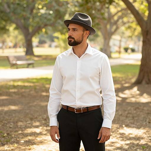 Man in Fedora Hat Standing in Sunny Park
