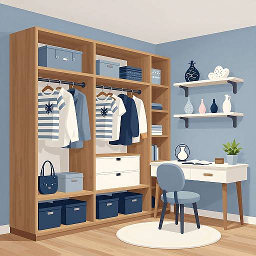 Modern, organized closet and desk area: wooden shelves with clothes, blue bins, white desk, blue chair, potted plant, and decor on blue