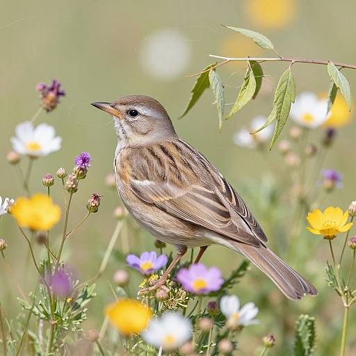 Photograph of a small brown and white striped bird perched on colorful wildflowers, with blurred green and yellow flowers in the background.
