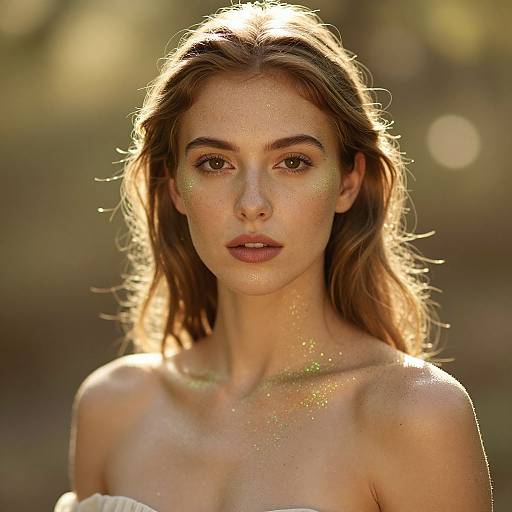 Photograph of a young woman with sunlit, wavy brown hair, golden sparkles on her skin, and neutral expression, wearing a strapless