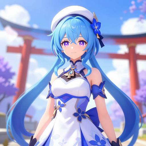 Digital anime-style drawing of a blue-haired girl with purple eyes, wearing a white and blue dress, hat, and floral accessories, standing in front of