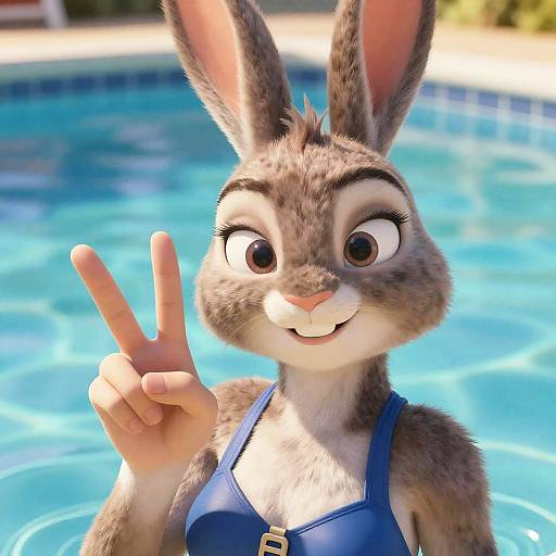 CGI image of an anthropomorphic gray bunny with big eyes, wearing a blue bikini, making a peace sign in a sunny pool.