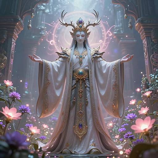 Digital artwork of a mystical queen with antlered crown, flowing white gown, golden jewelry, surrounded by glowing flowers and ethereal lights in a grand