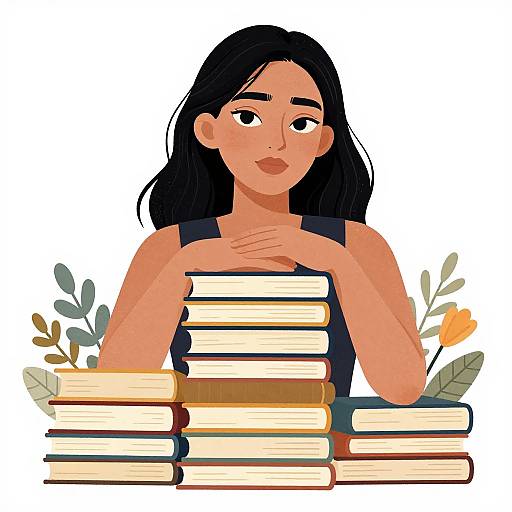 Digital illustration of an Asian woman with long black hair, wearing a sleeveless black top, holding a stack of books with flowers in the background, looking